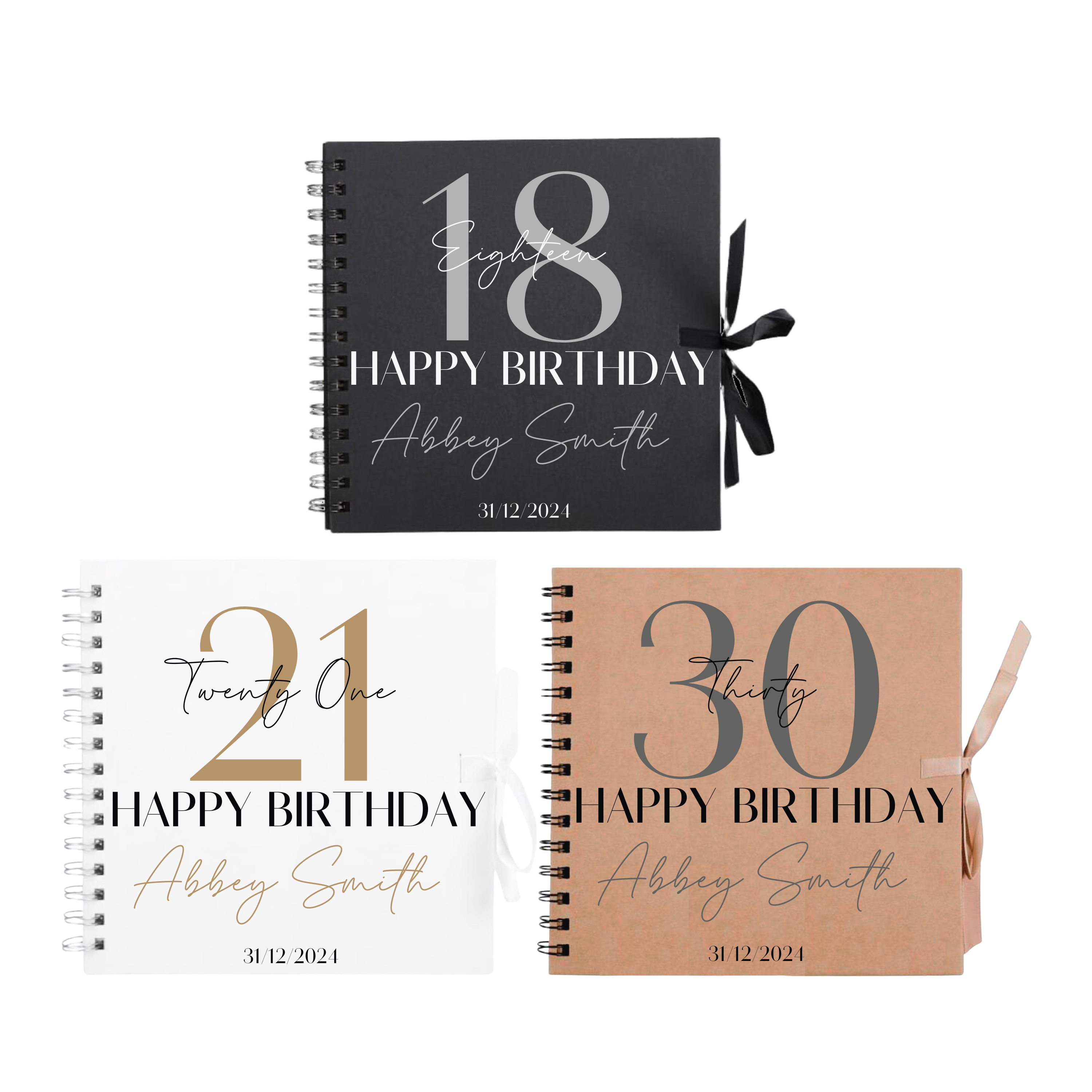 Three personalised birthday scrapbook albums for 18th, 21st, and 30th birthdays, featuring names and dates on black, white, and kraft covers