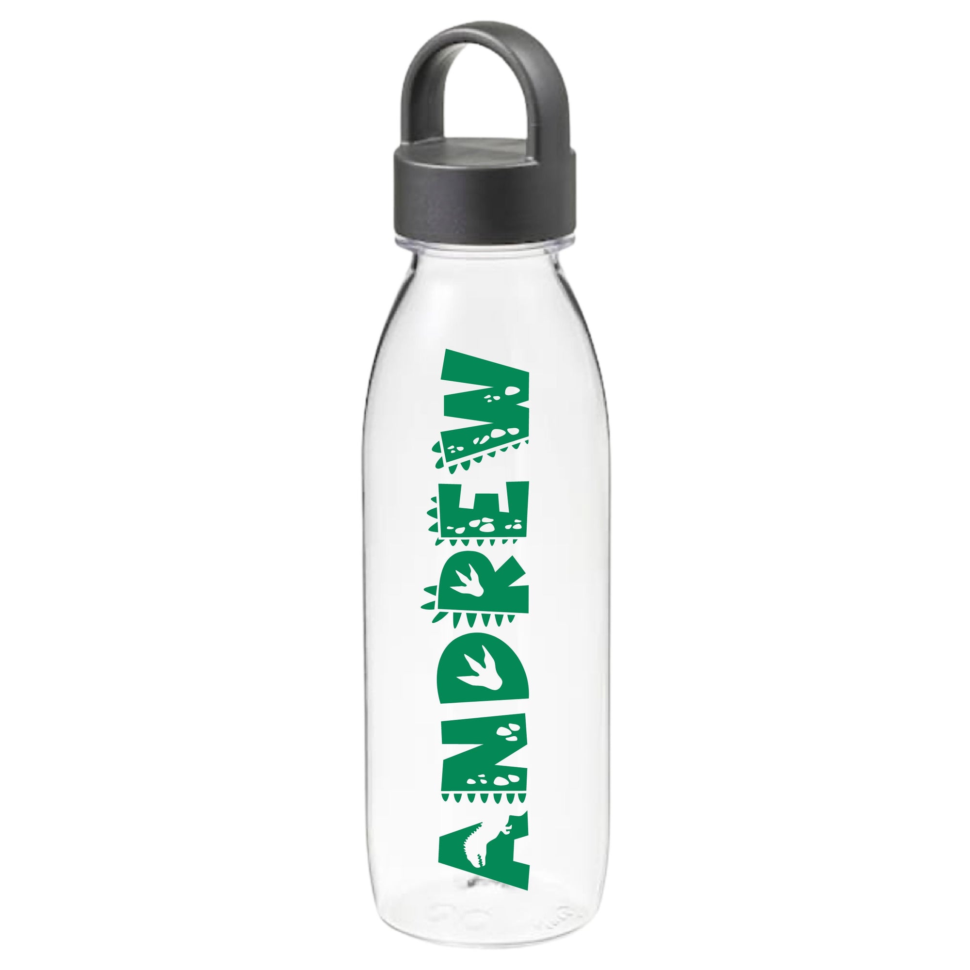 Personalised kids drink bottle with the name Andrew in green dinosaur-themed font, custom water bottle for school or gifts