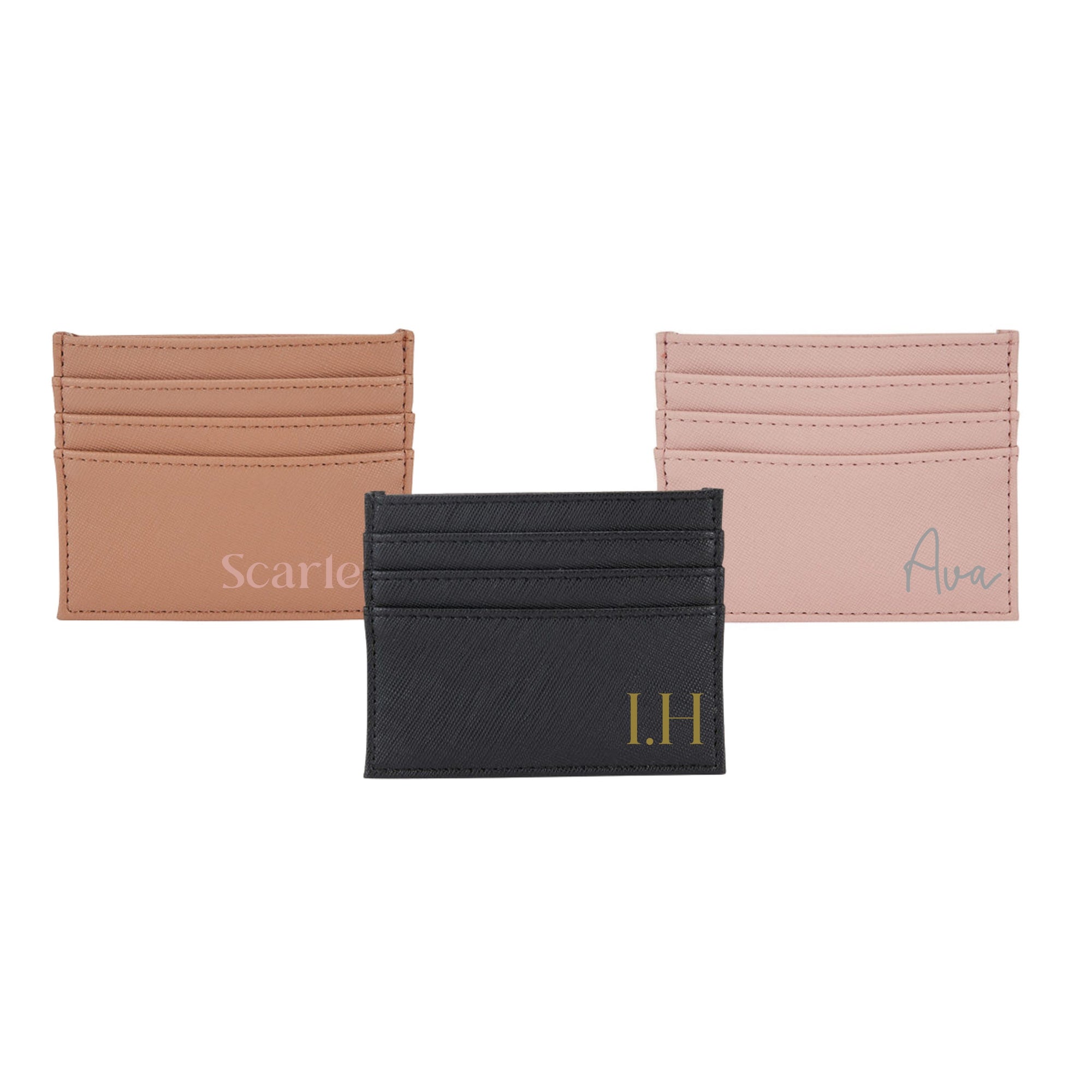 Range of card wallets in black, tan and blush with personalised initials