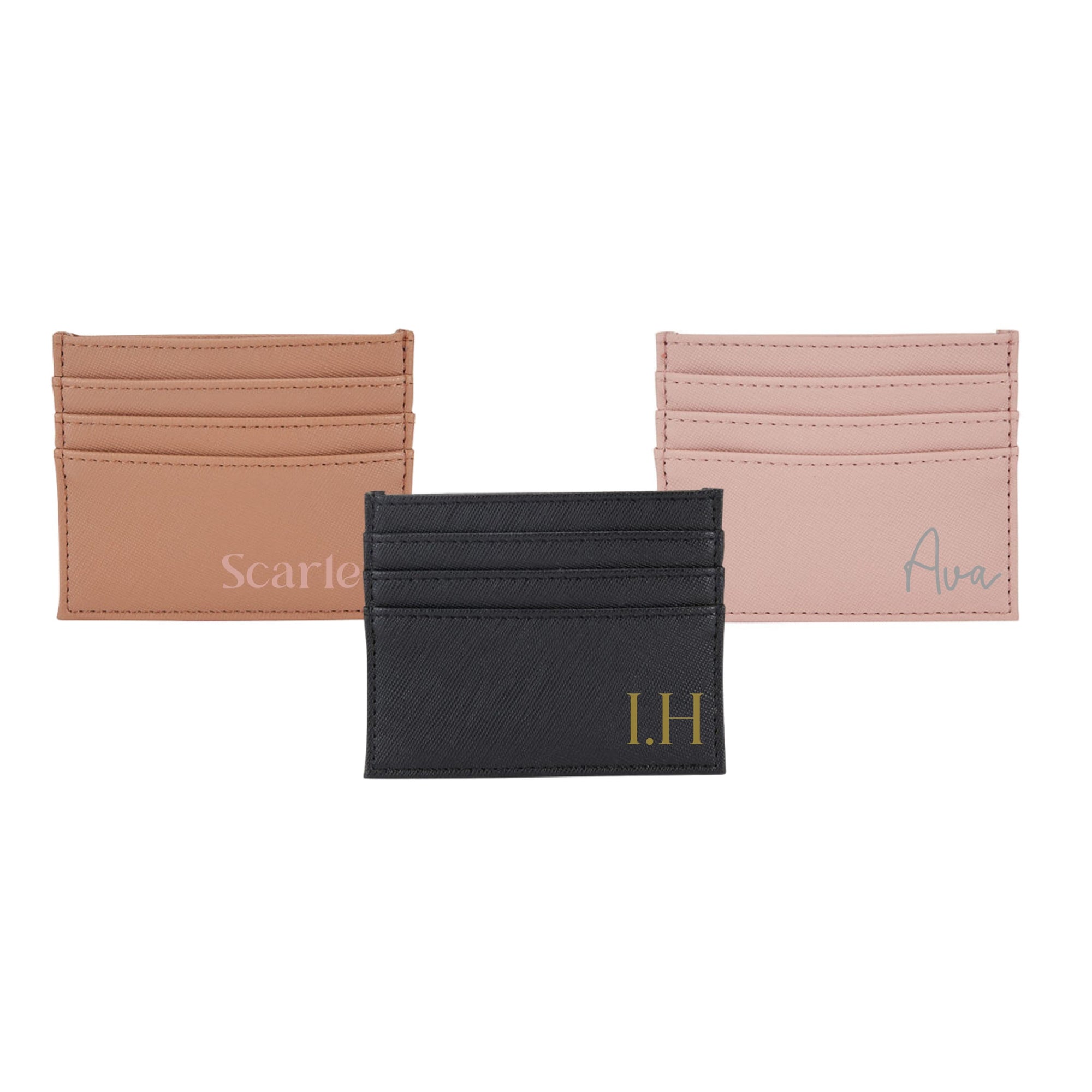 Range of card wallets in black, tan and blush with personalised initials