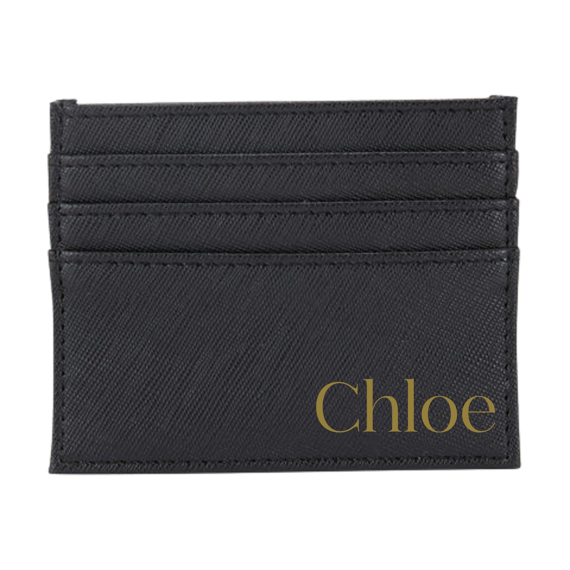 Black vegan leather personalised card wallet with gold name 'Chloe'