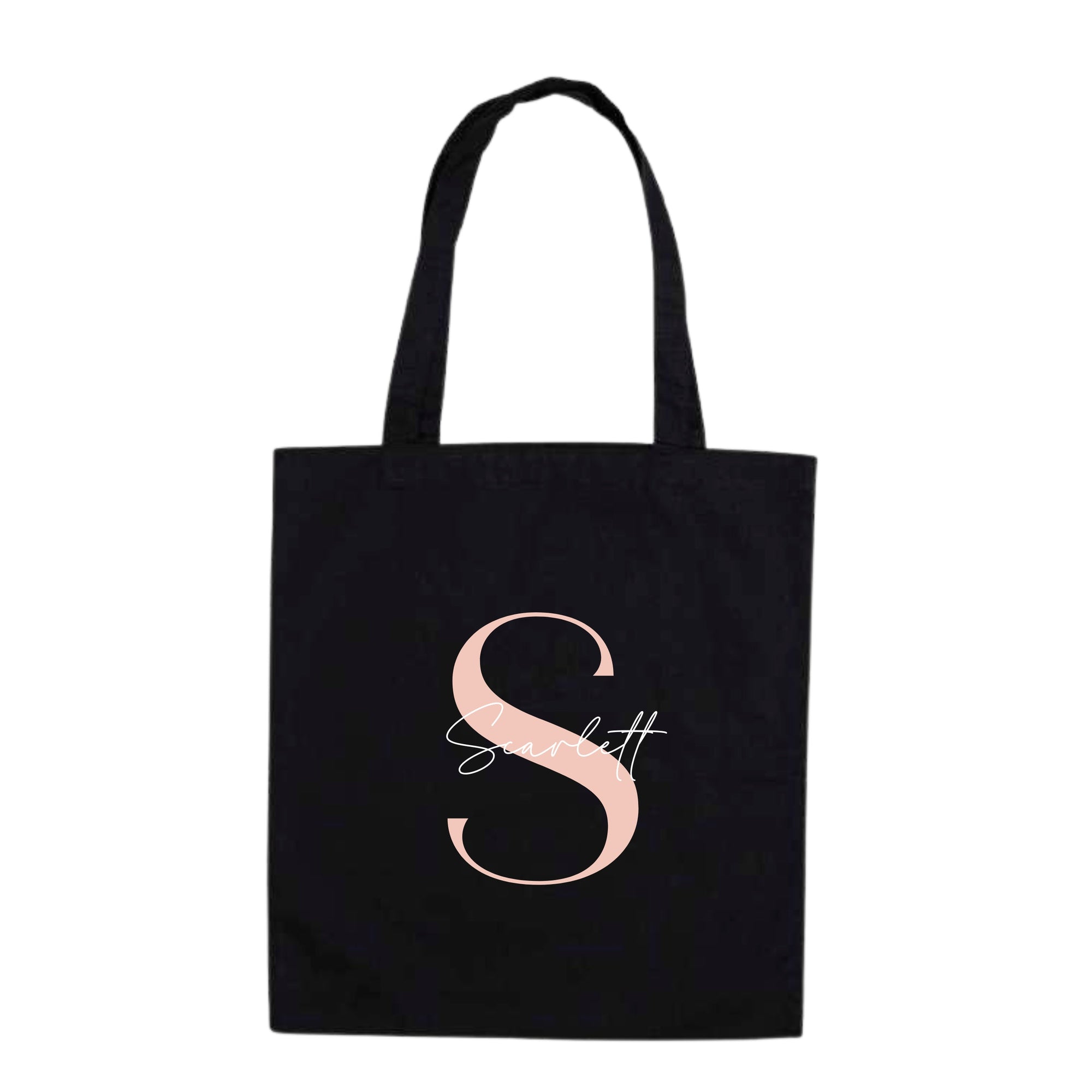 Black personalised tote bag with pink letter S and name "Scarlett" – eco-friendly cotton gift bag with custom initial.