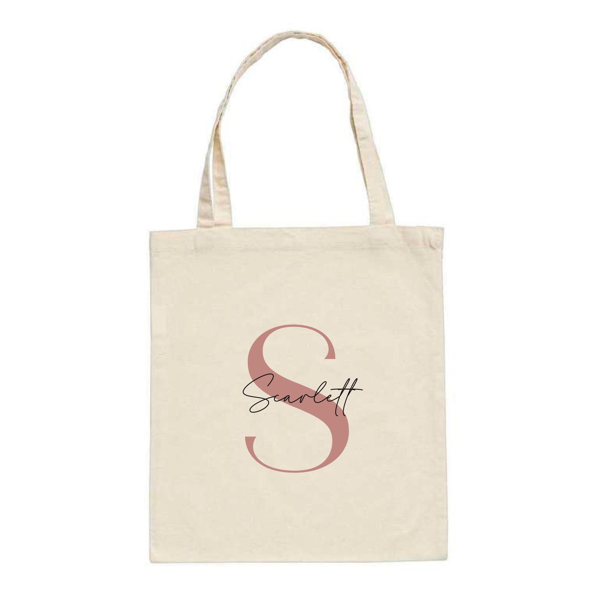 Natural cotton tote bag with custom name "Scarlett" and large rose gold letter S printed on front – personalised initial tote bag gift.