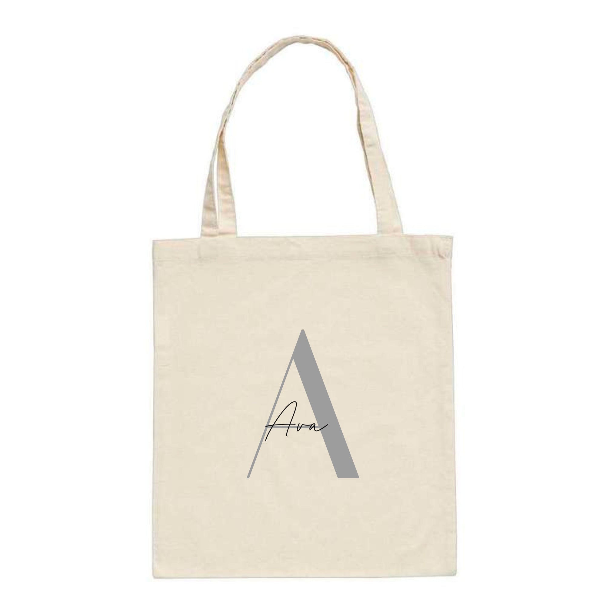 Personalised natural tote bag featuring the name "Ava" over a large silver letter A – custom initial cotton bag for her.