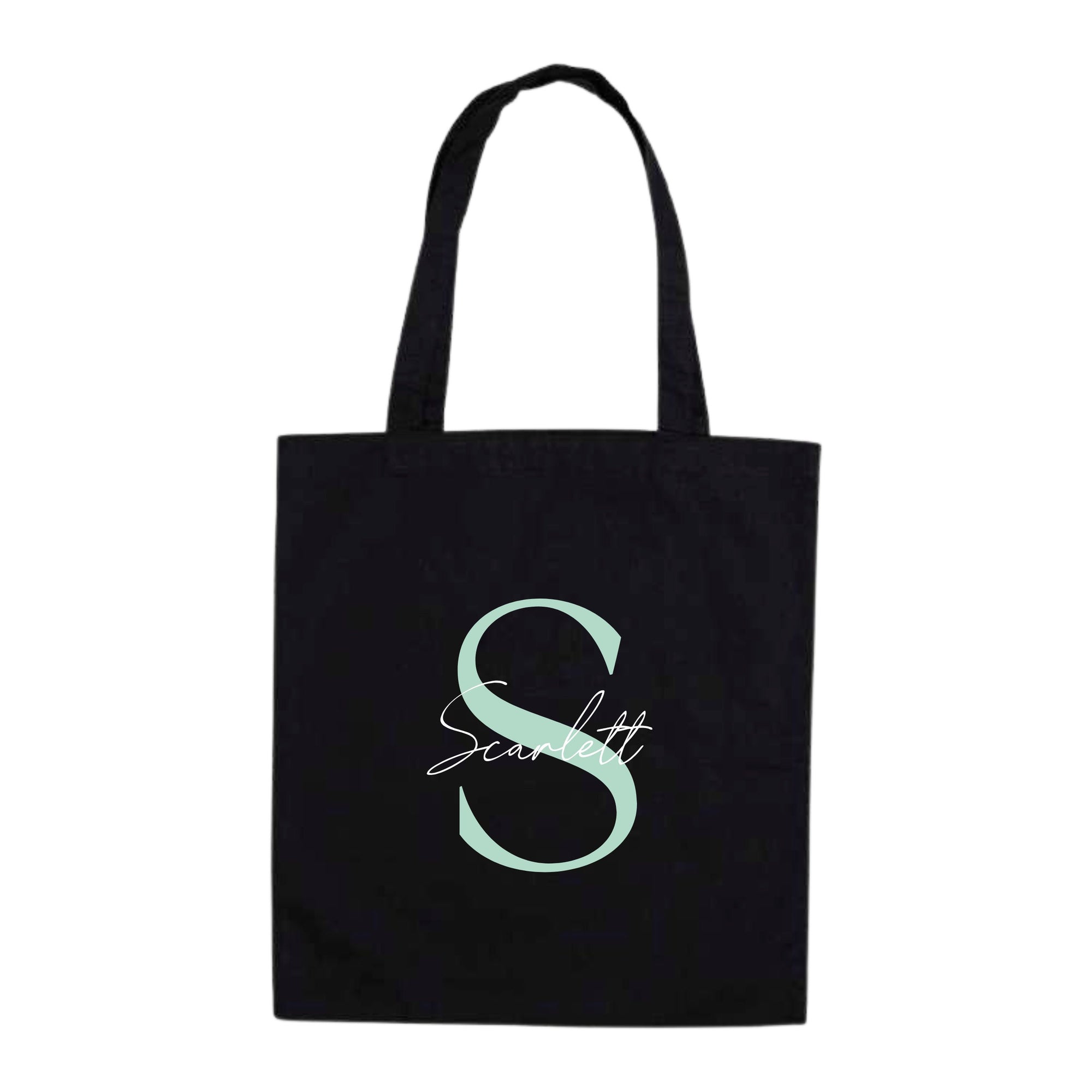 Black personalised tote bag with mint letter S and name "Scarlett" – eco-friendly cotton gift bag with custom initial.