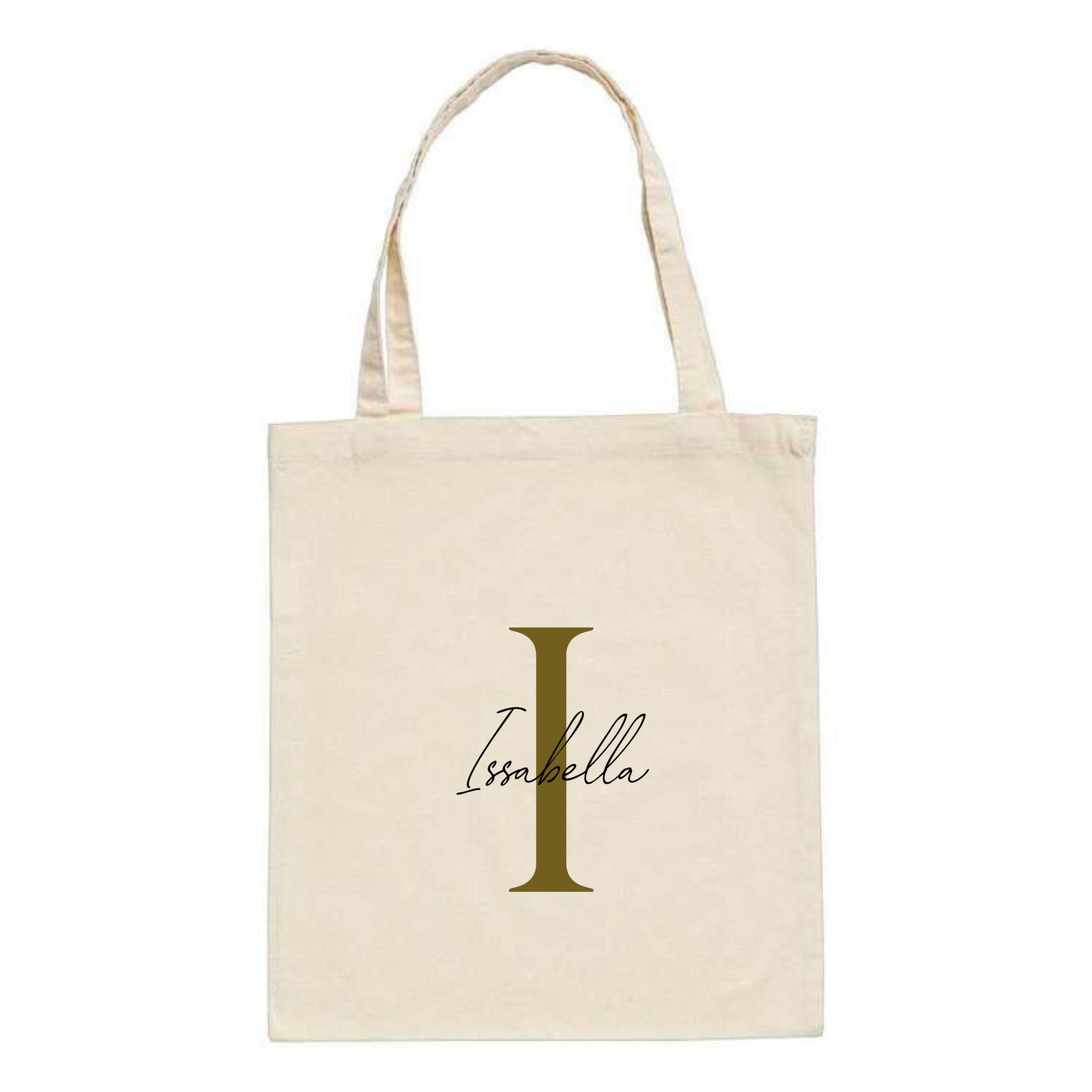 Custom cotton tote bag in natural colour with gold initial "I" and name "Isabella" – personalised letter bag gift idea.