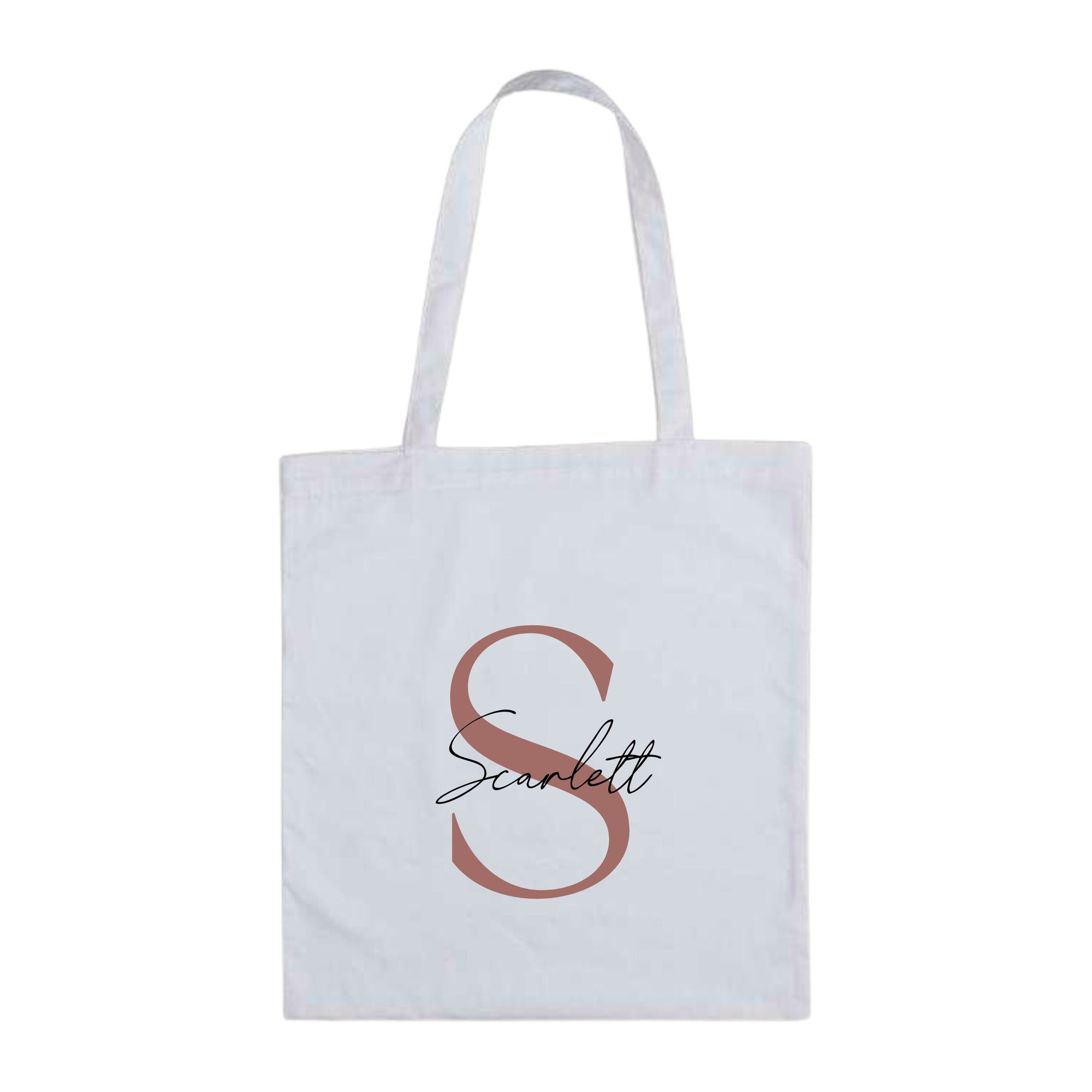 White cotton tote bag with rose gold letter S and the name "Scarlett" – custom reusable personalised initial tote bag.