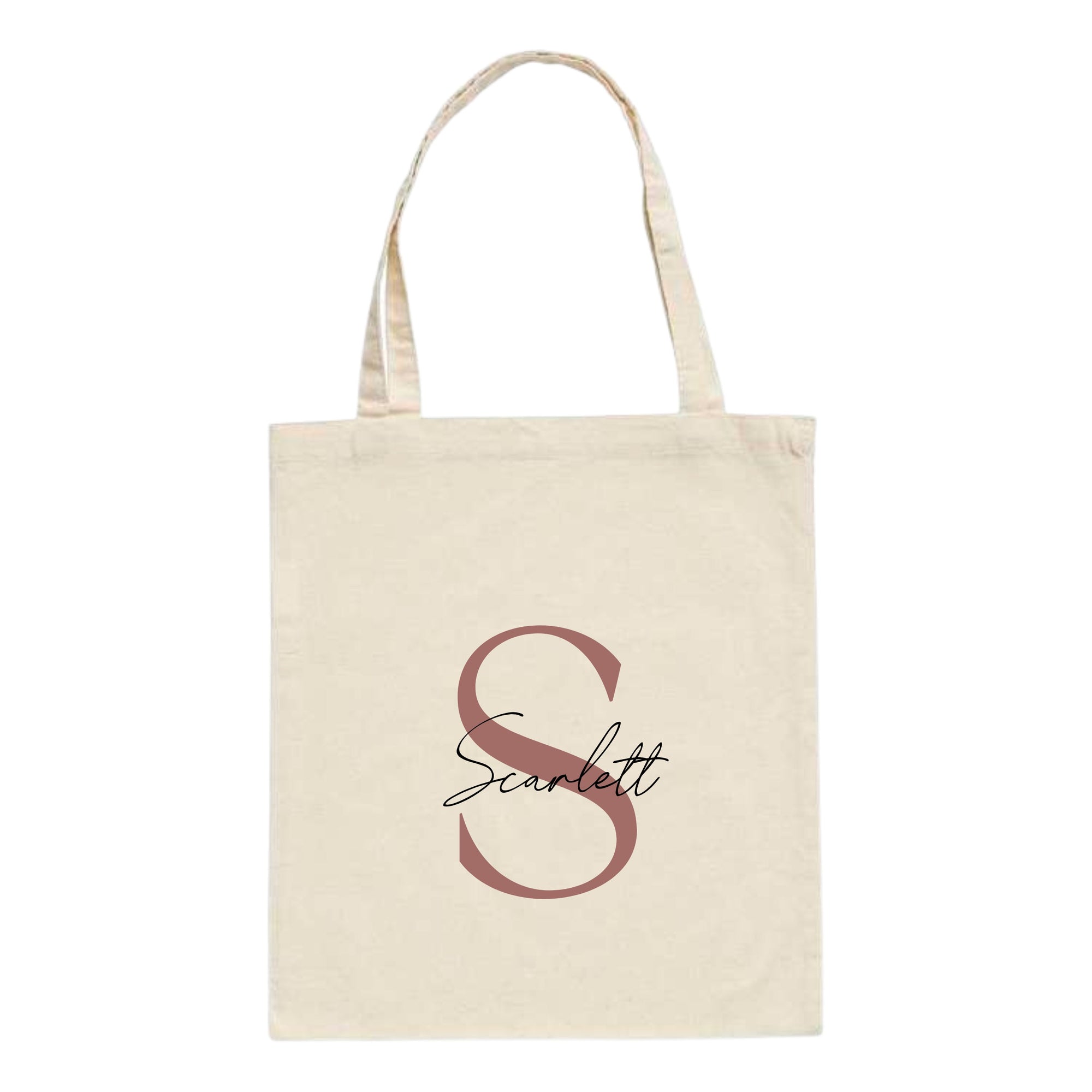 Natural cotton tote bag with custom name "Scarlett" and large rose gold letter S printed on front – personalised initial tote bag gift.