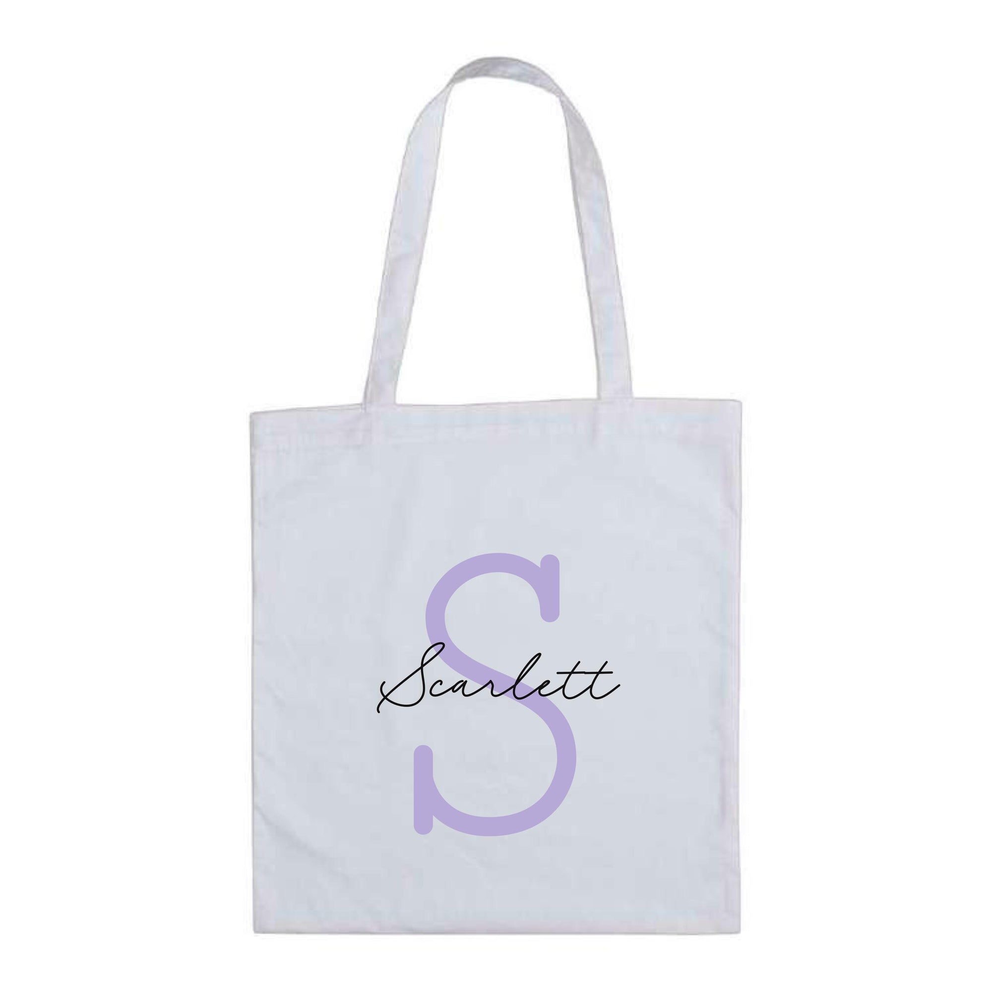White cotton tote bag with lilac letter S and the name "Scarlett" – custom reusable personalised initial tote bag.