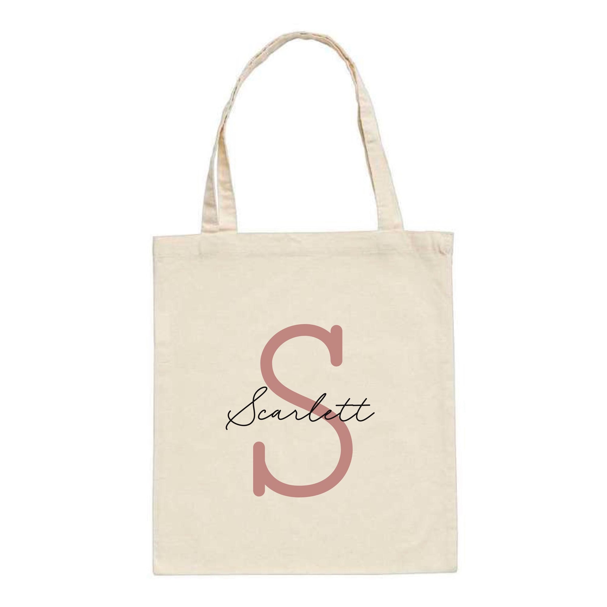 Natural cotton tote bag with custom name "Scarlett" and large rose gold letter S printed on front – personalised initial tote bag gift.