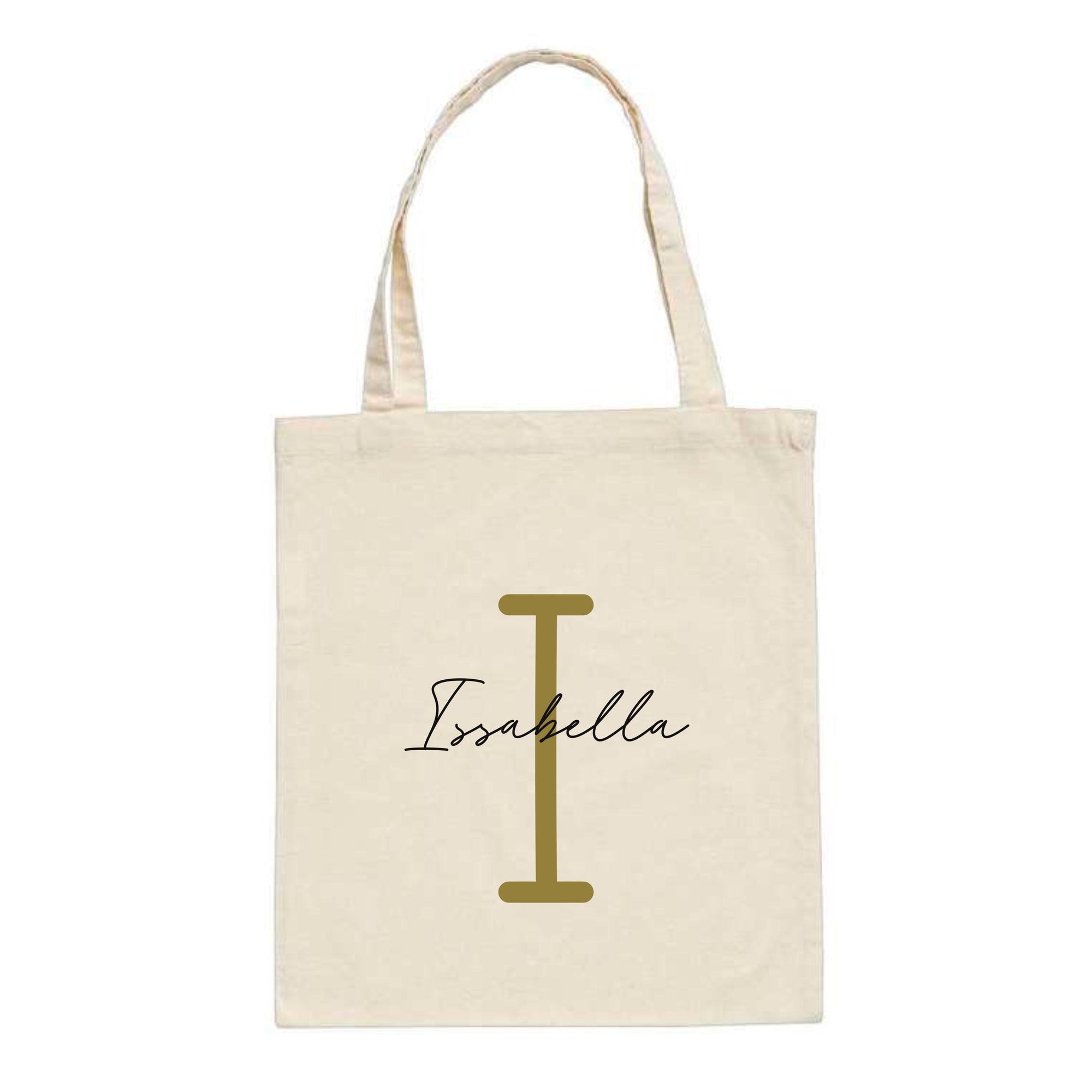 Custom cotton tote bag in natural colour with gold initial "I" and name "Isabella" – personalised letter bag gift idea.
Image 4: