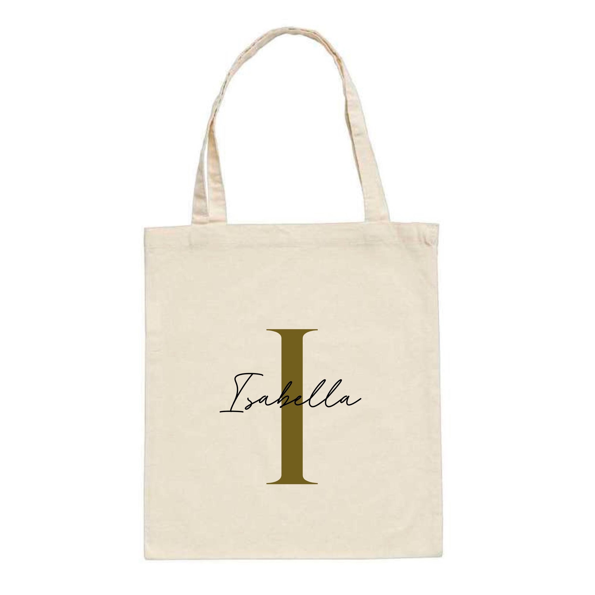 Custom cotton tote bag in natural colour with gold initial "I" and name "Isabella" – personalised letter bag gift idea.