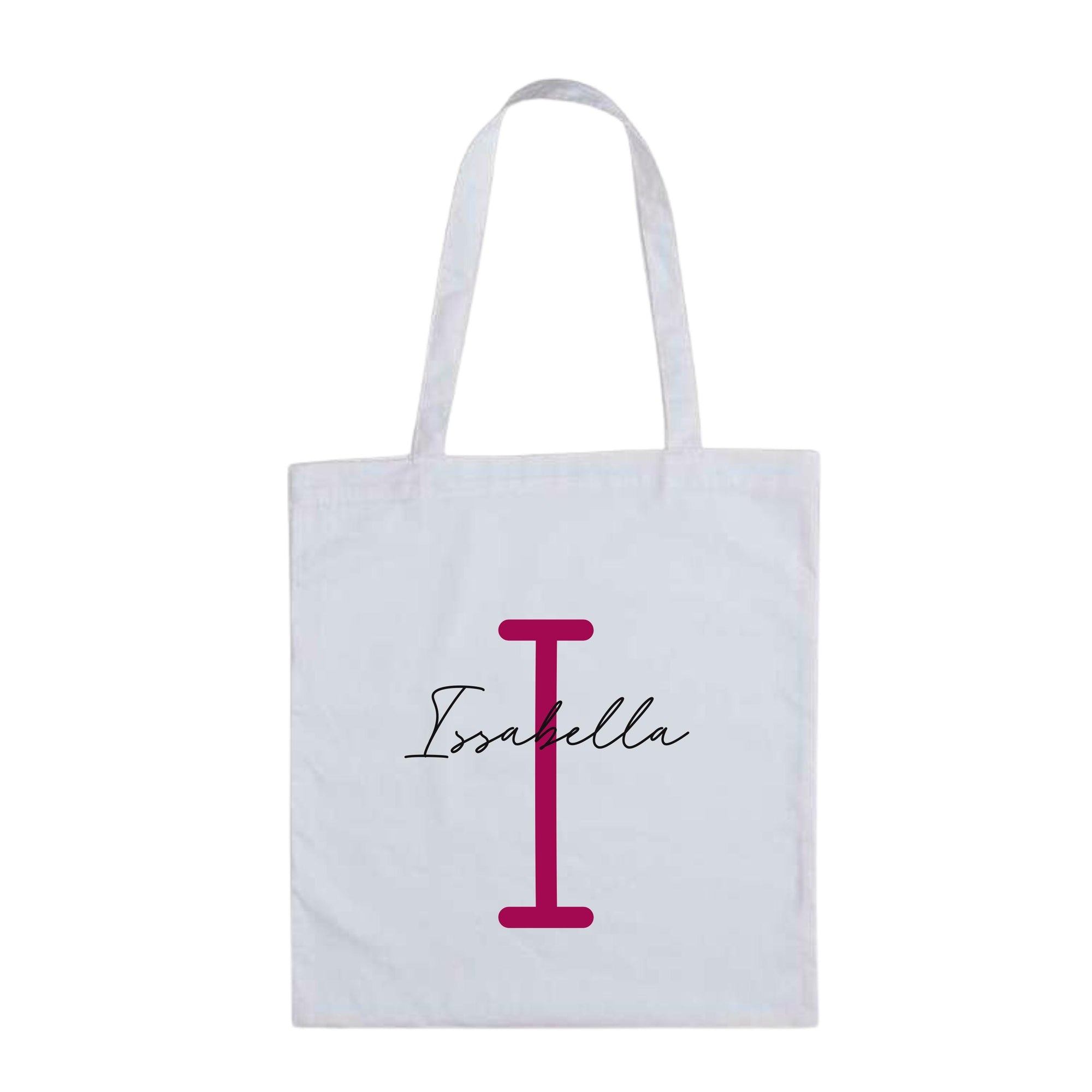 White personalised tote bag with bold magenta letter I and custom name "Isabella" – reusable initial bag for her or him.