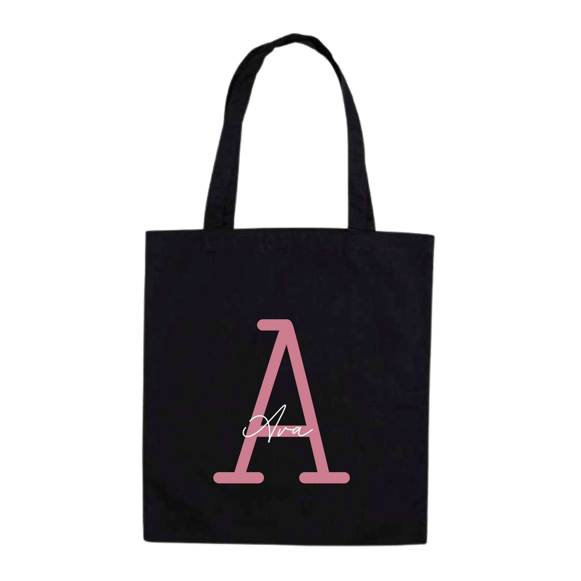 Black cotton tote bag featuring personalised design with magenta letter A and the name "Ava" – reusable name tote bag.