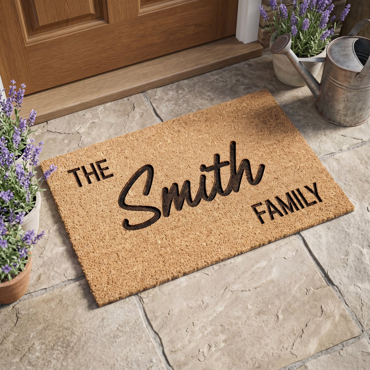 High angle view of a natural coconut fibre personalised entry mat displaying custom family text.