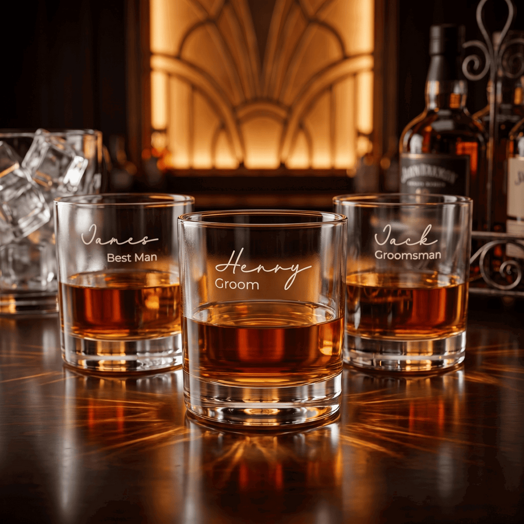 Three personalized whiskey glasses on a bar with bottles in the background