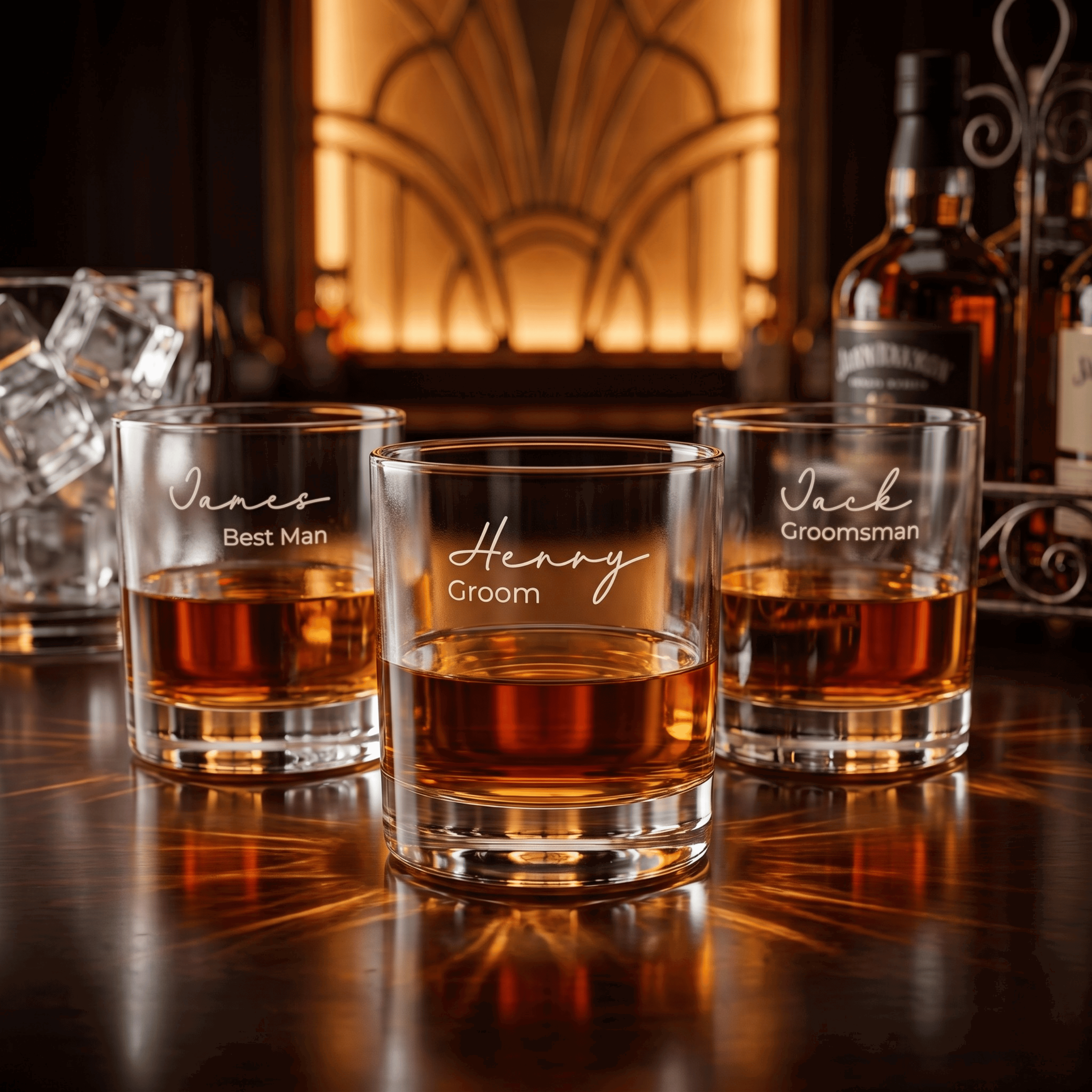Three personalized whiskey glasses on a bar with bottles in the background