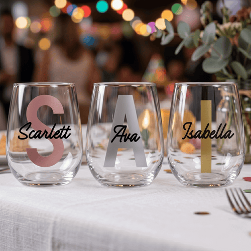 Three personalized stemless wine glasses with names 'Scarlett', 'Ava', and 'Isabella' on a table with blurred background.