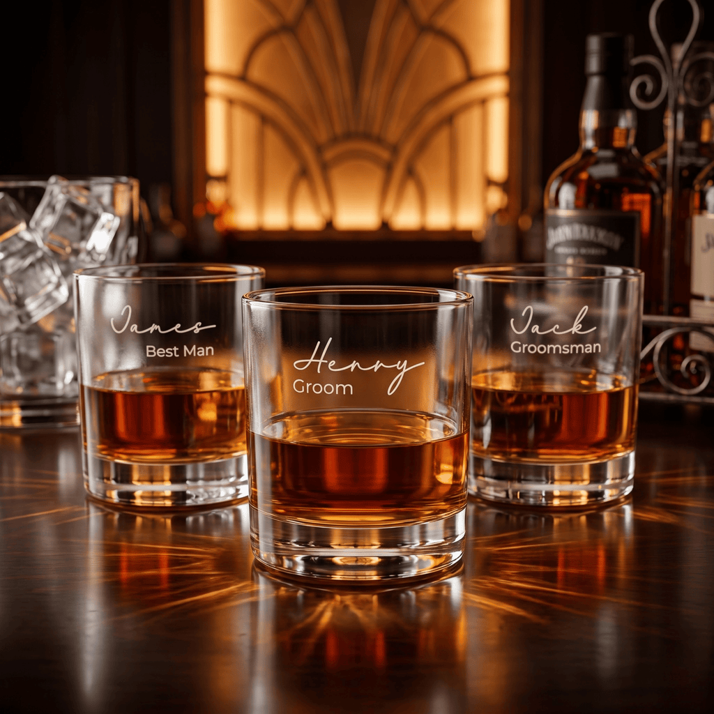 Three personalized whiskey glasses on a bar with bottles in the background