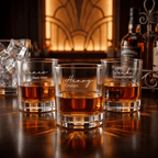 Three personalized whiskey glasses on a bar with bottles in the background