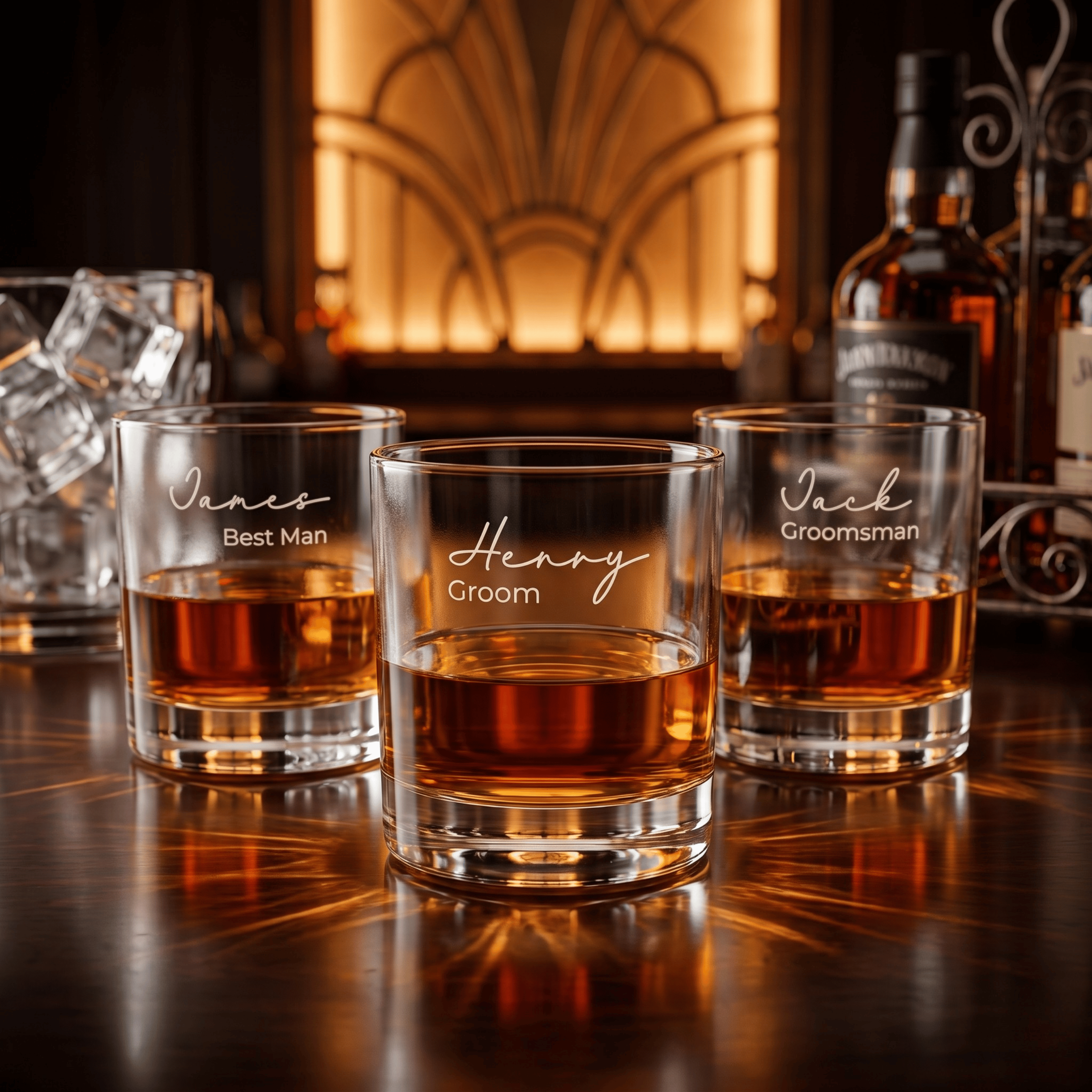 Three personalized whiskey glasses on a bar with bottles in the background