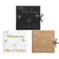 Three personalised travel scrapbook albums with plane and map marker design in black, white, and kraft brown—ideal gift for travellers and couples.