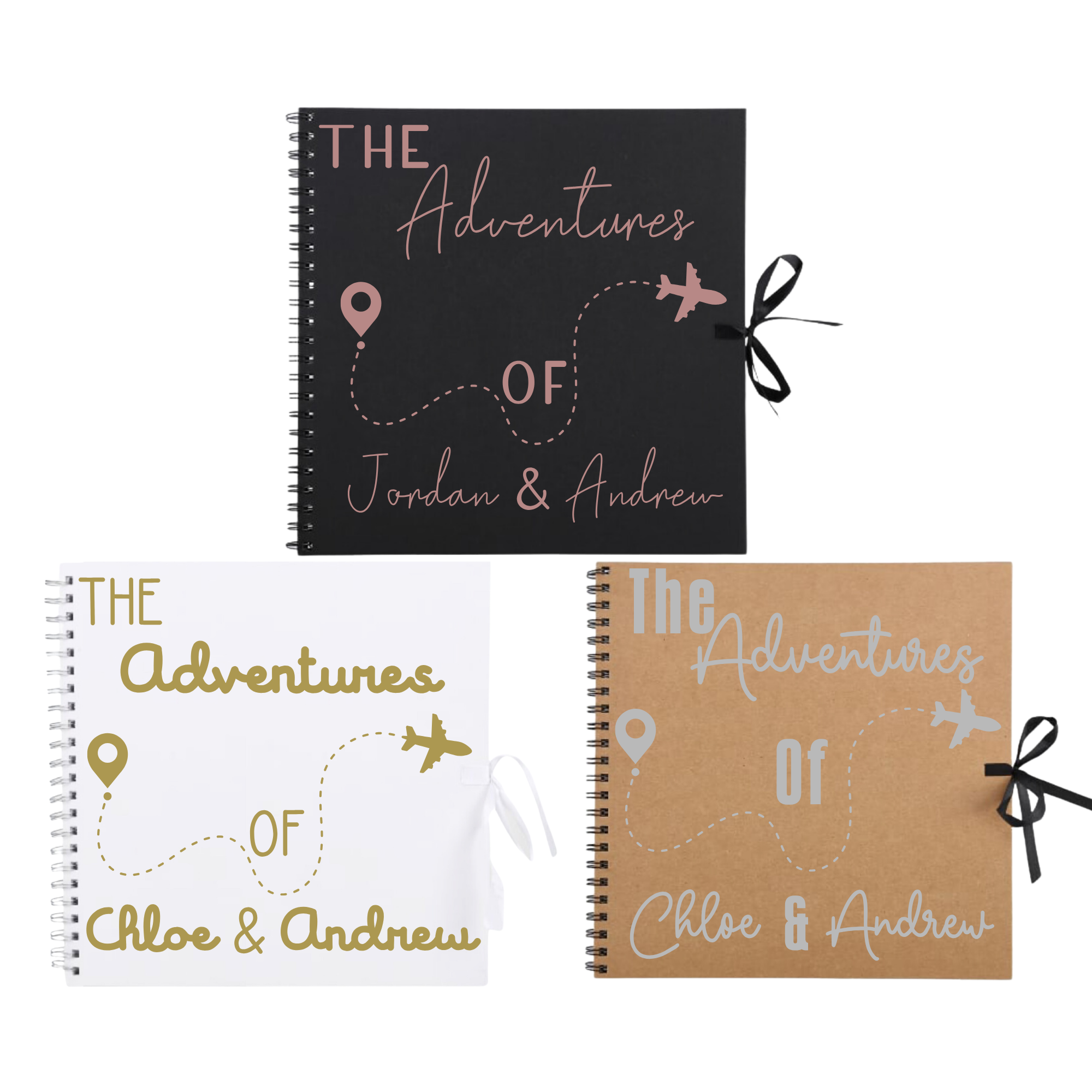 Three personalised travel scrapbook albums with plane and map marker design in black, white, and kraft brown—ideal gift for travellers and couples.
