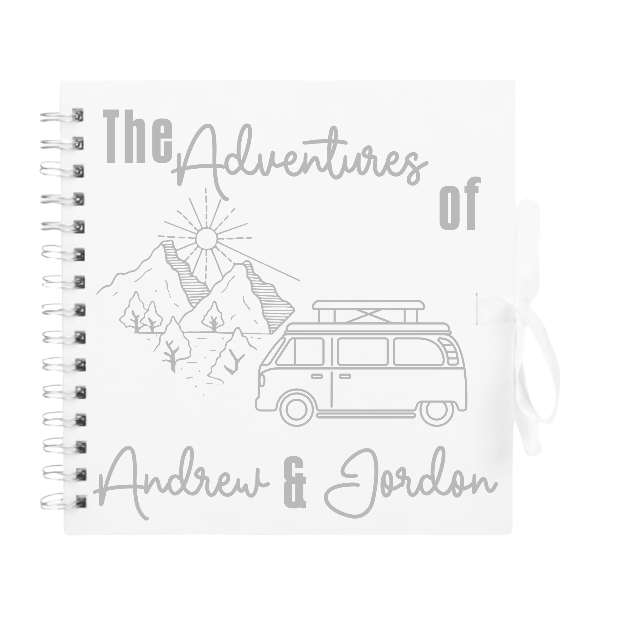 White personalised photo album with silver campervan and mountain design — ideal for road trip journaling or travel keepsakes.
