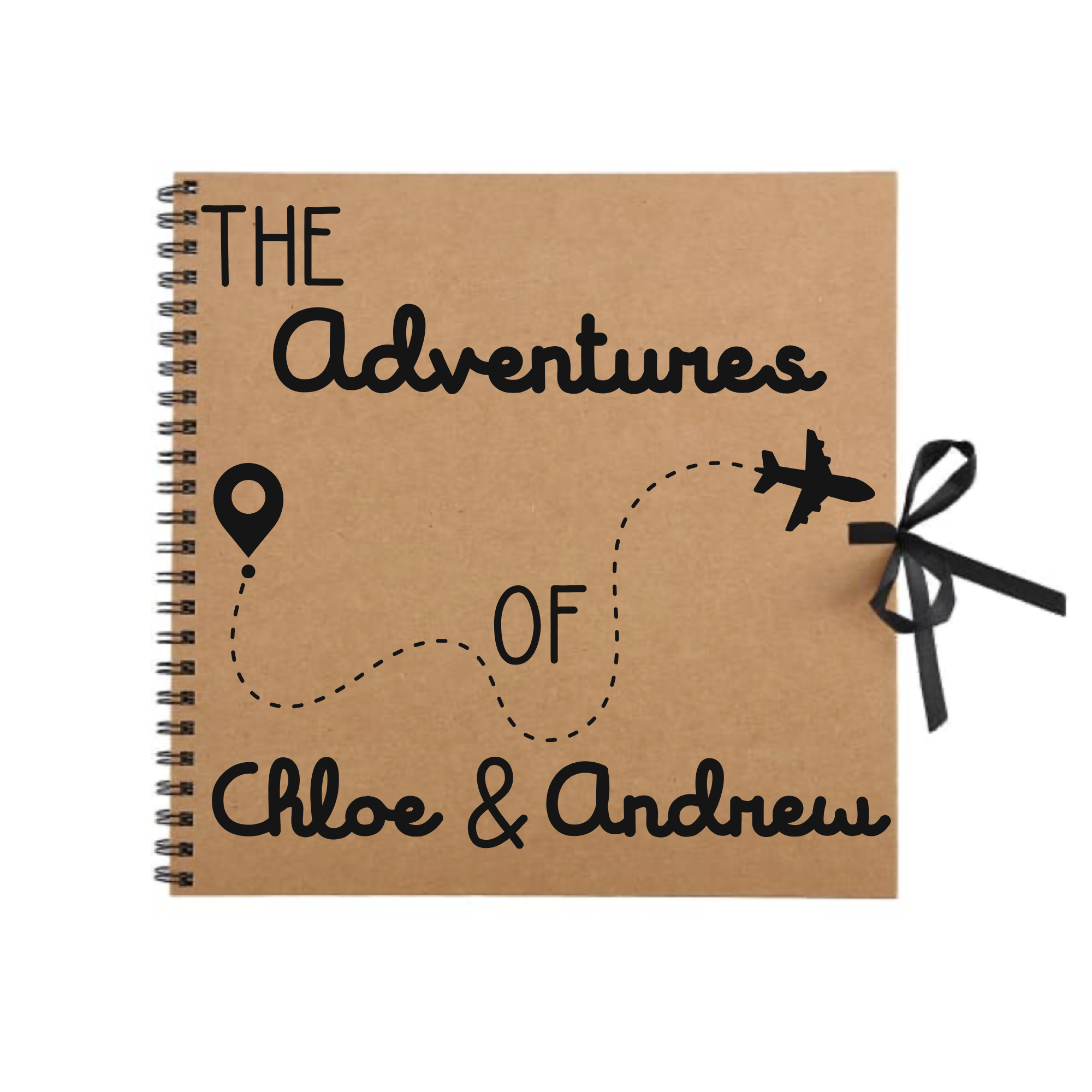 Kraft brown travel journal scrapbook with black map marker and plane design, personalised with “Chloe & Andrew” – handmade gift for travel lovers.