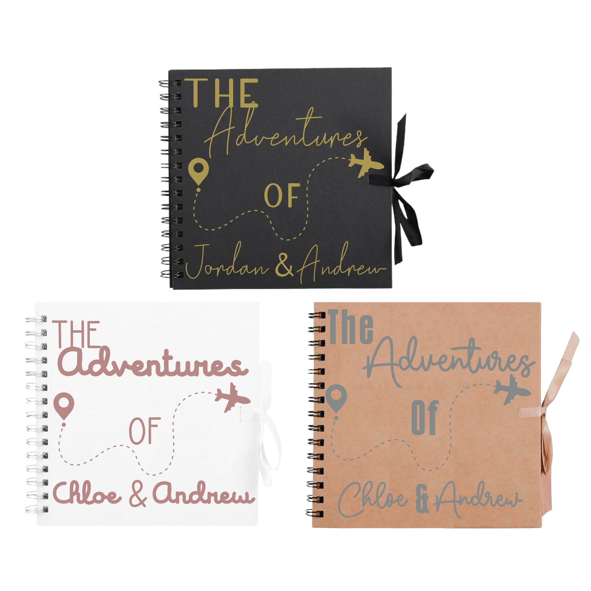  Three personalised travel scrapbook albums with plane and map marker design in black, white, and kraft brown—ideal gift for travellers and couples.