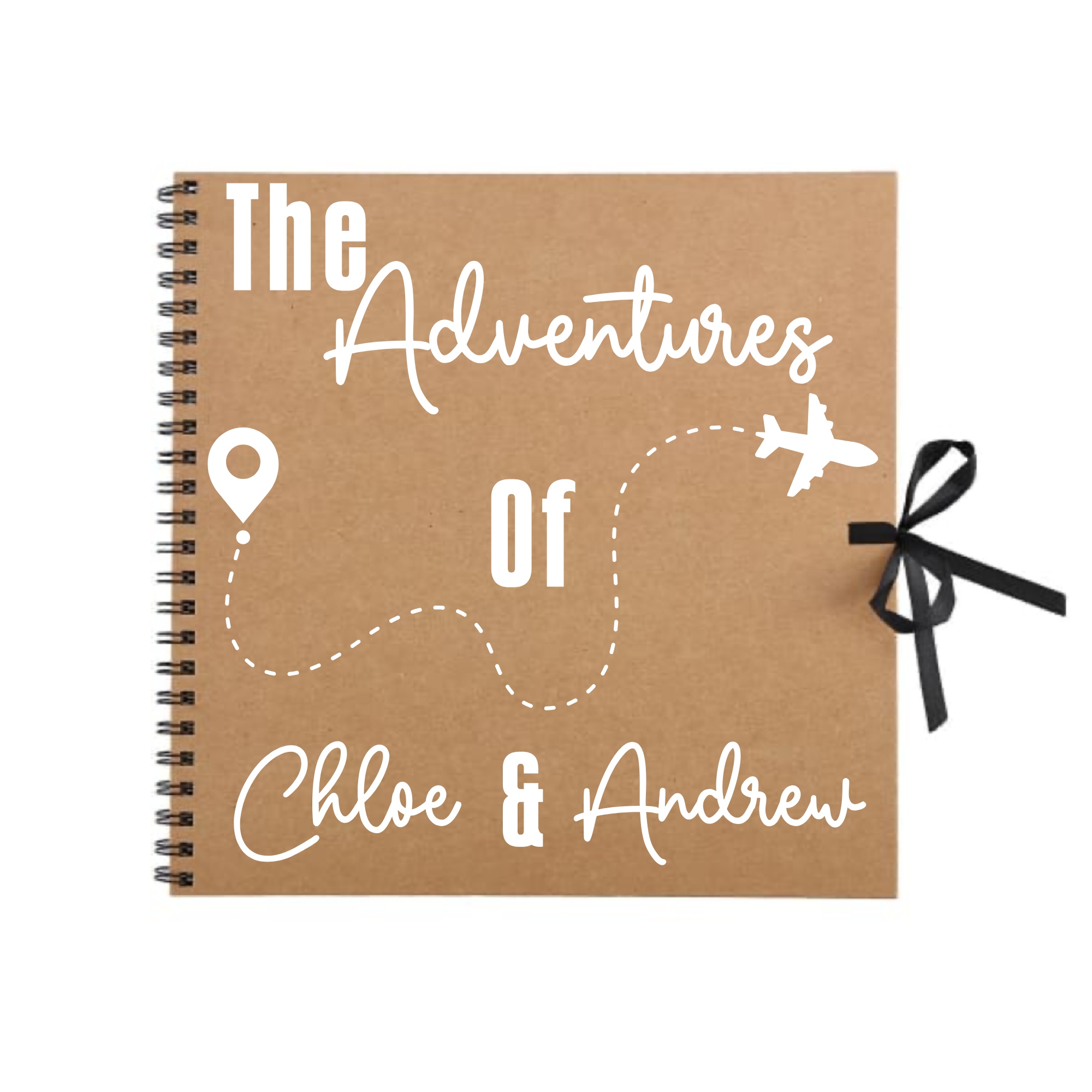 Kraft brown travel journal scrapbook with white map marker and plane design, personalised with “Chloe & Andrew” – handmade gift for travel lovers.