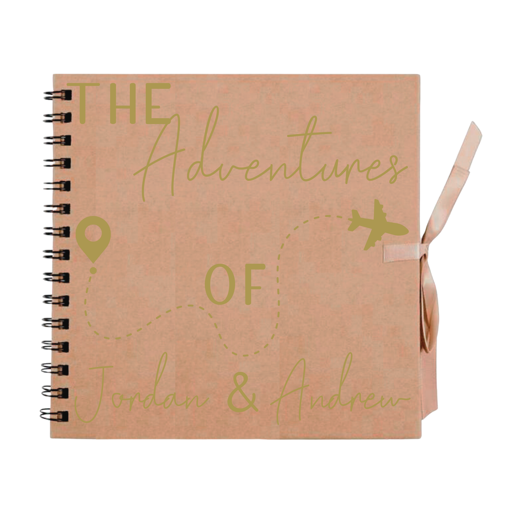 Kraft brown travel journal scrapbook with gold map marker and plane design, personalised with “Jordan & Andrew” – handmade gift for travel lovers.