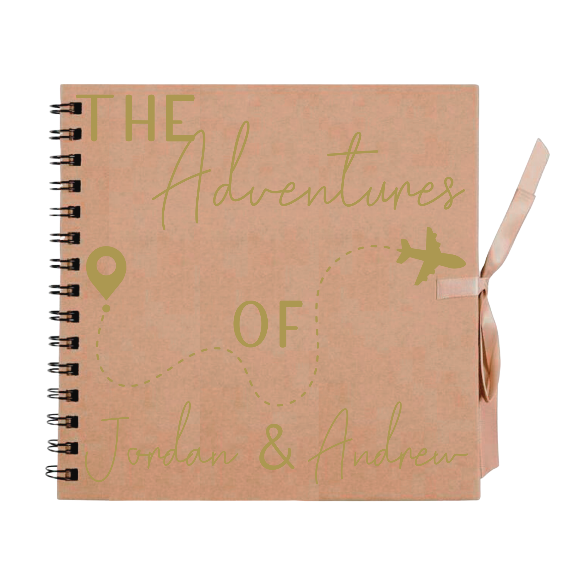 Kraft brown travel journal scrapbook with gold map marker and plane design, personalised with “Jordan & Andrew” – handmade gift for travel lovers.