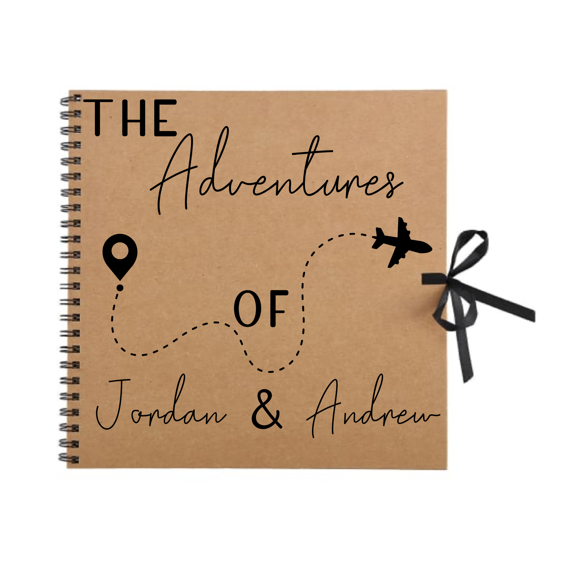 Kraft brown travel journal scrapbook with black map marker and plane design, personalised with “Jordan & Andrew” – handmade gift for travel lovers.