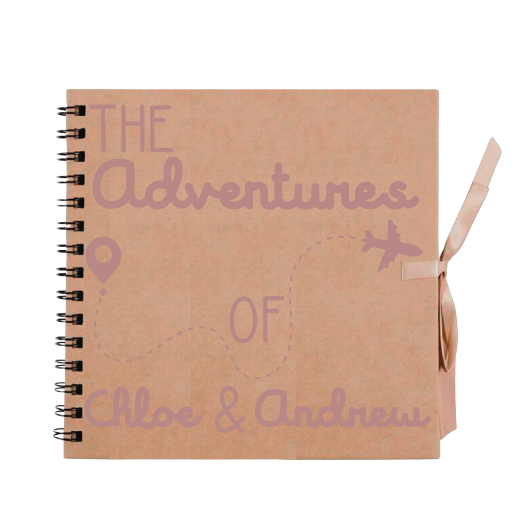 Kraft personalised scrapbook album featuring rose gold travel design and names “Chloe & Andrew” – custom memory book for holiday adventures