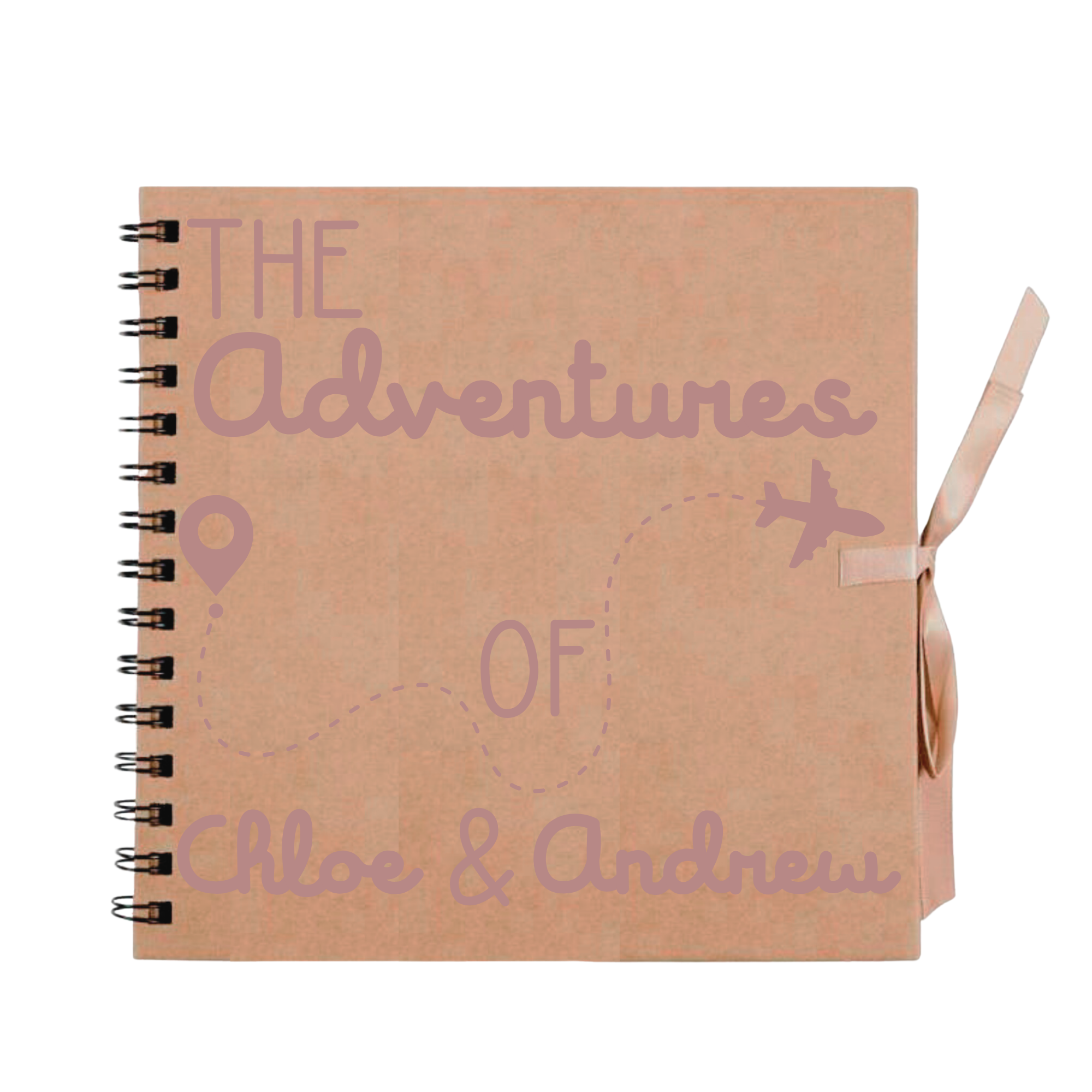 Kraft personalised scrapbook album featuring rose gold travel design and names “Chloe & Andrew” – custom memory book for holiday adventures