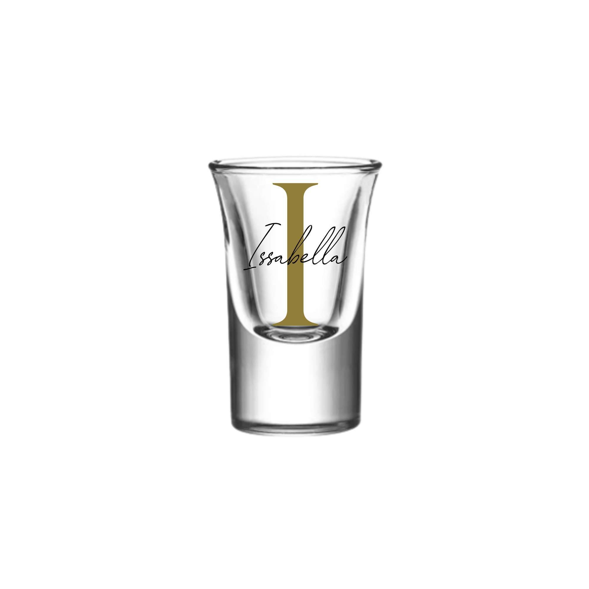 Personalised 25ml shot glass with gold letter I and name Isabella, custom birthday gift for her or him, unique handmade personalised gift Australia
