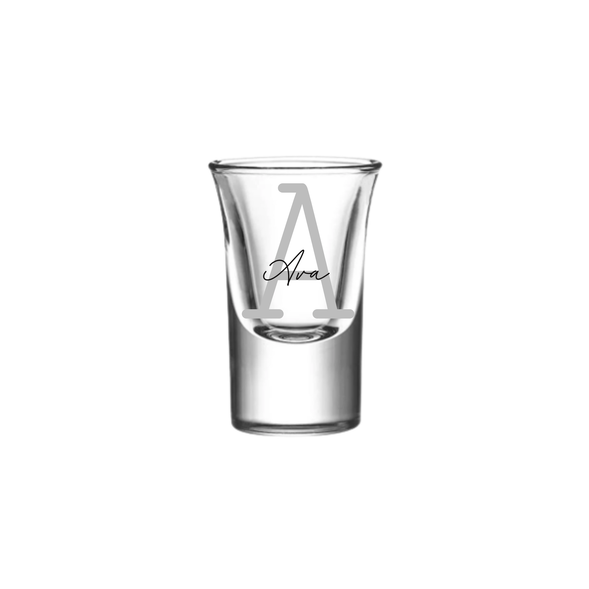 Personalised 25ml shot glass with silver letter A and name Ava, custom handmade shot glass, perfect birthday gift for her or him, milestone gift Australia