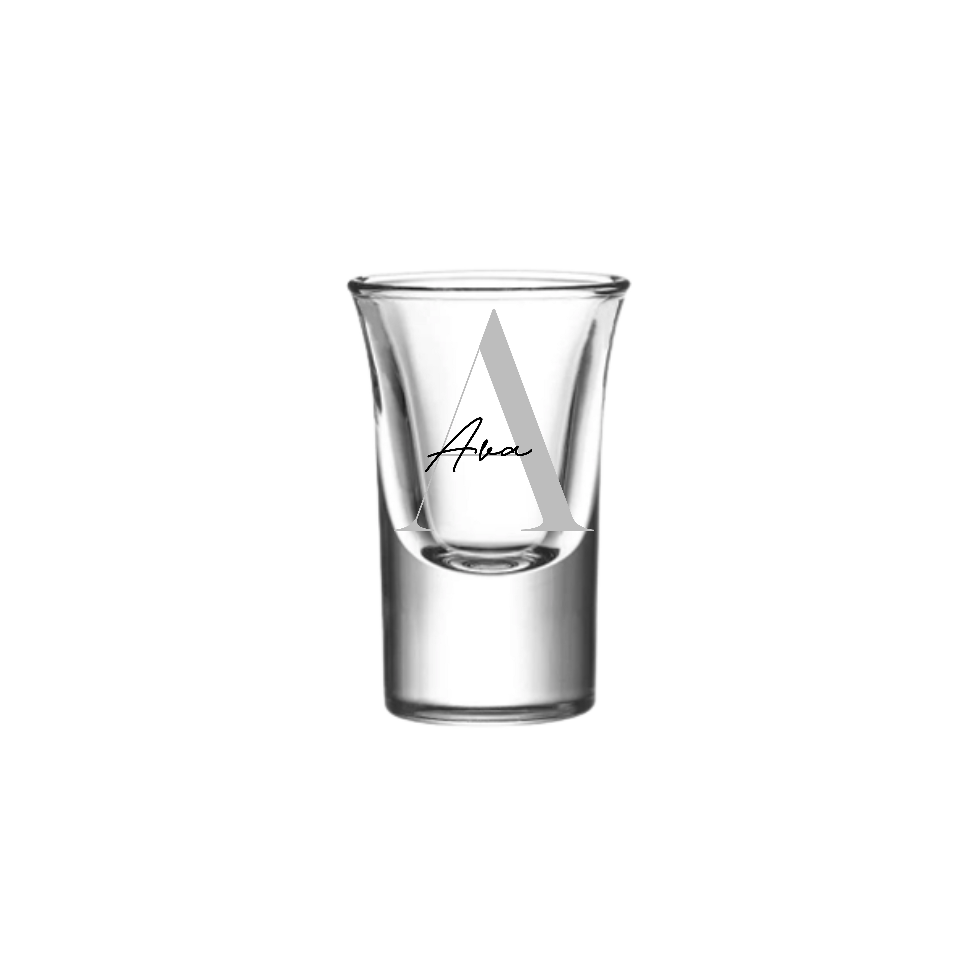 Personalised 25ml shot glass with grey letter A and name Ava, custom handmade shot glass, perfect birthday gift for her or him, milestone gift Australia