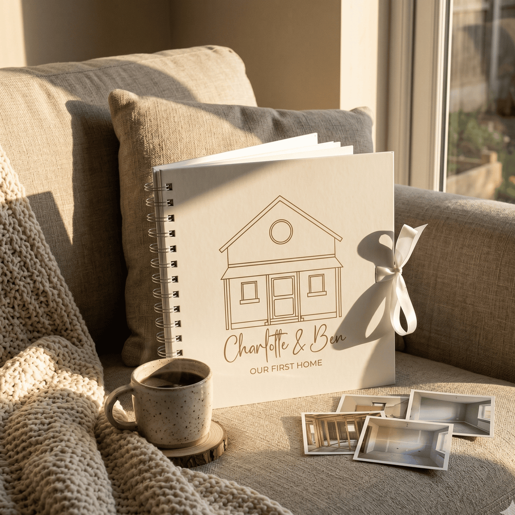 Personalised album with house illustration and 'Charlotte & Ben' text on a couch with a mug and photo frames.
