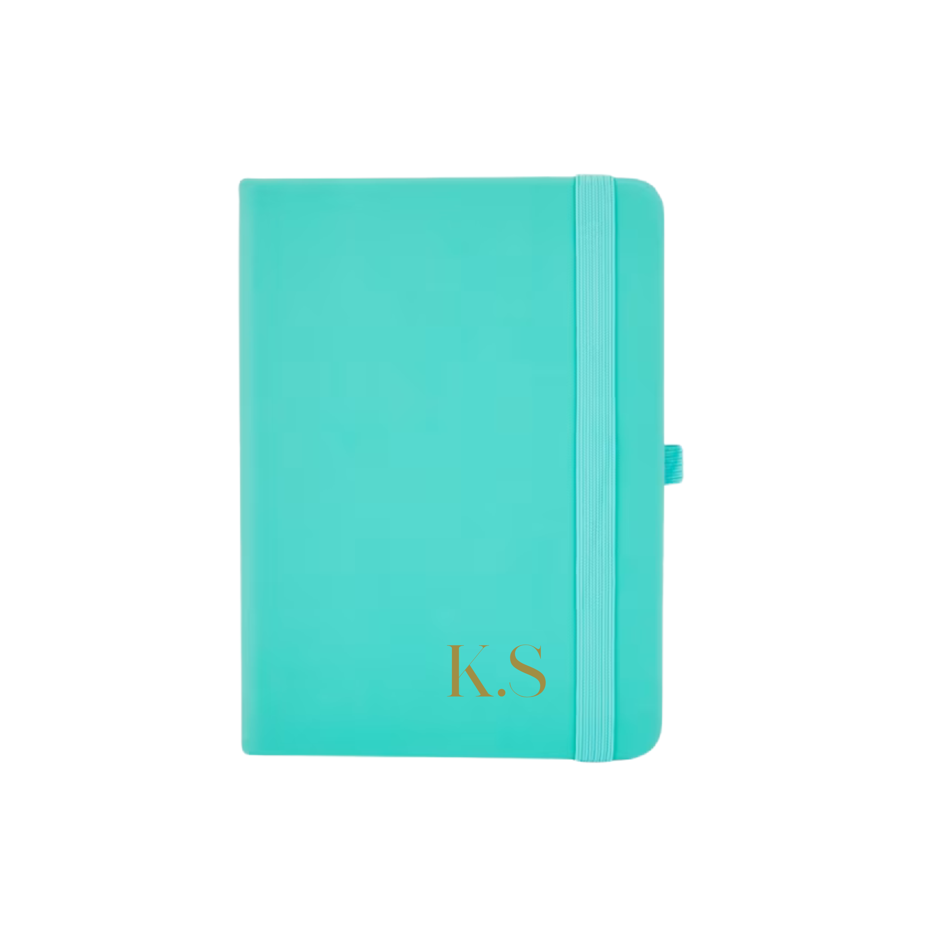 Teal A6 vegan leather notebook with personalised initials K.S printed on the bottom right corner.