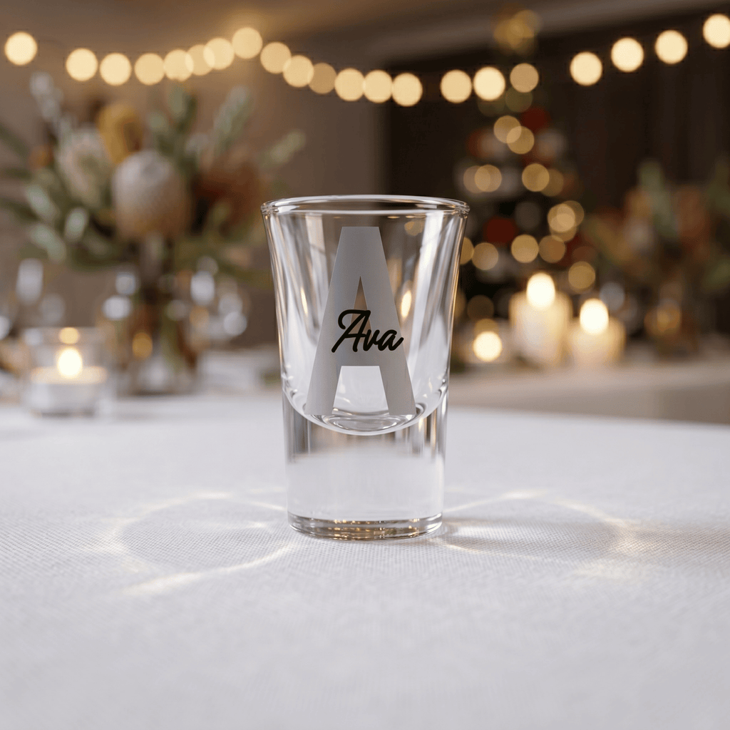 Clear shot glass with 'Ava' engraving on a blurred festive background