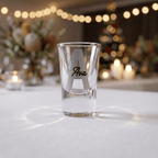 Clear shot glass with 'Ava' engraving on a blurred festive background