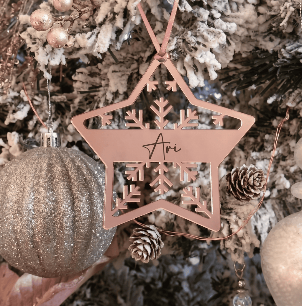 Personalised Snowflake Star Christmas Ornament: Custom Timber or Mirrored Acrylic Keepsake