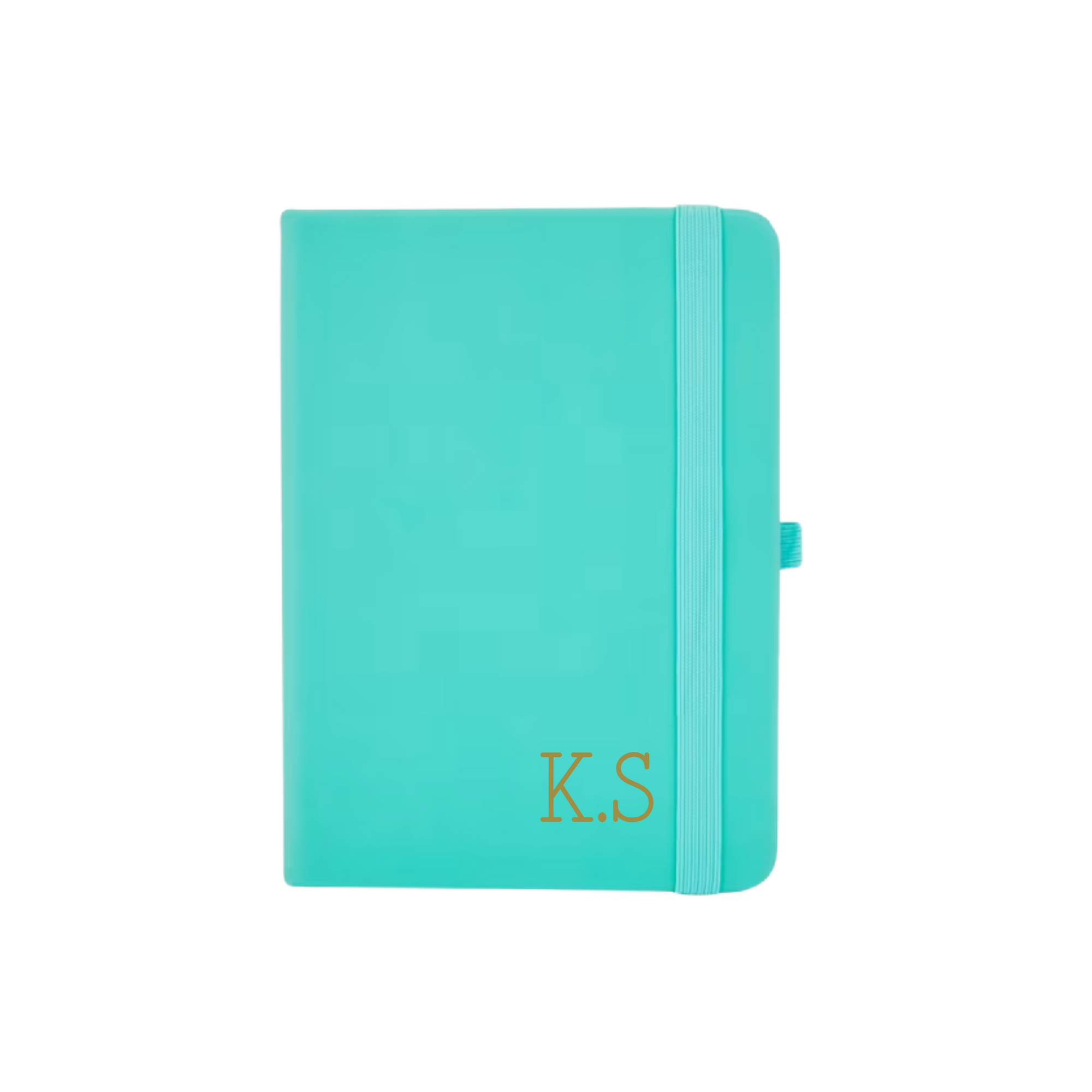 Teal A6 vegan leather notebook with personalised initials K.S printed on the bottom right corner.