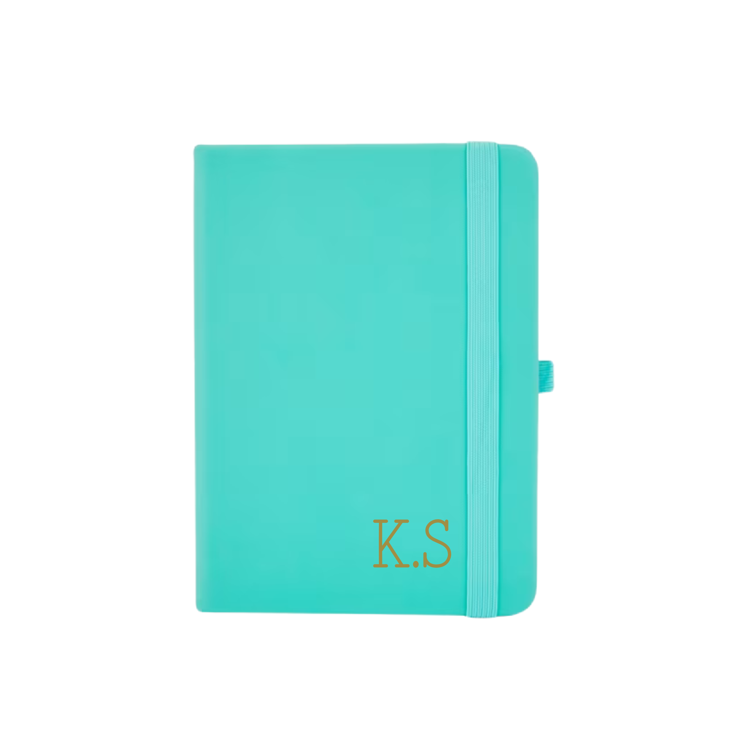 Teal A6 vegan leather notebook with personalised initials K.S printed on the bottom right corner.