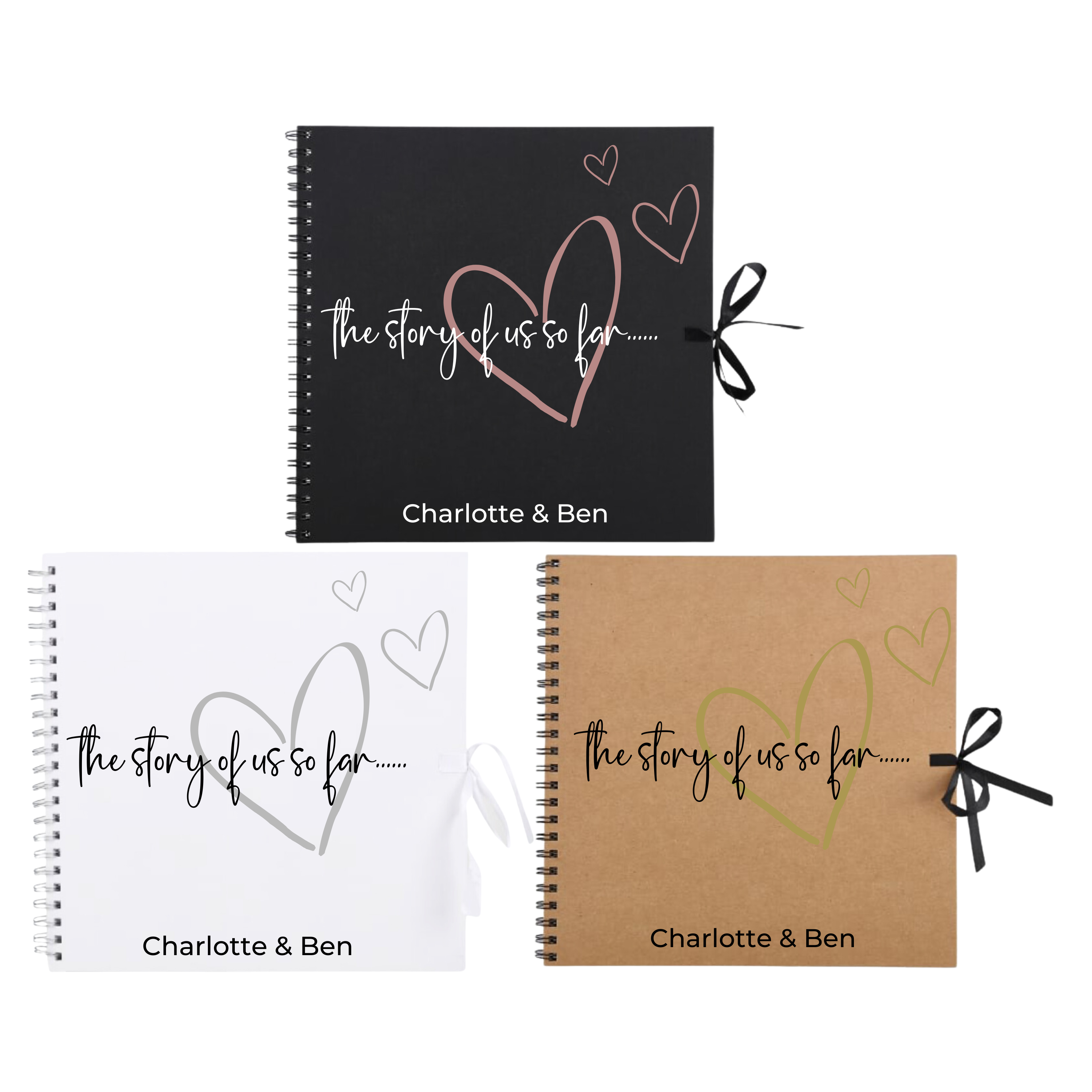 Three Personalised scrapbook albums for couples with heart design and "The story of us so far" message