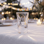 Clear shot glass with engraved letter 'A' on a table with blurred lights in the background