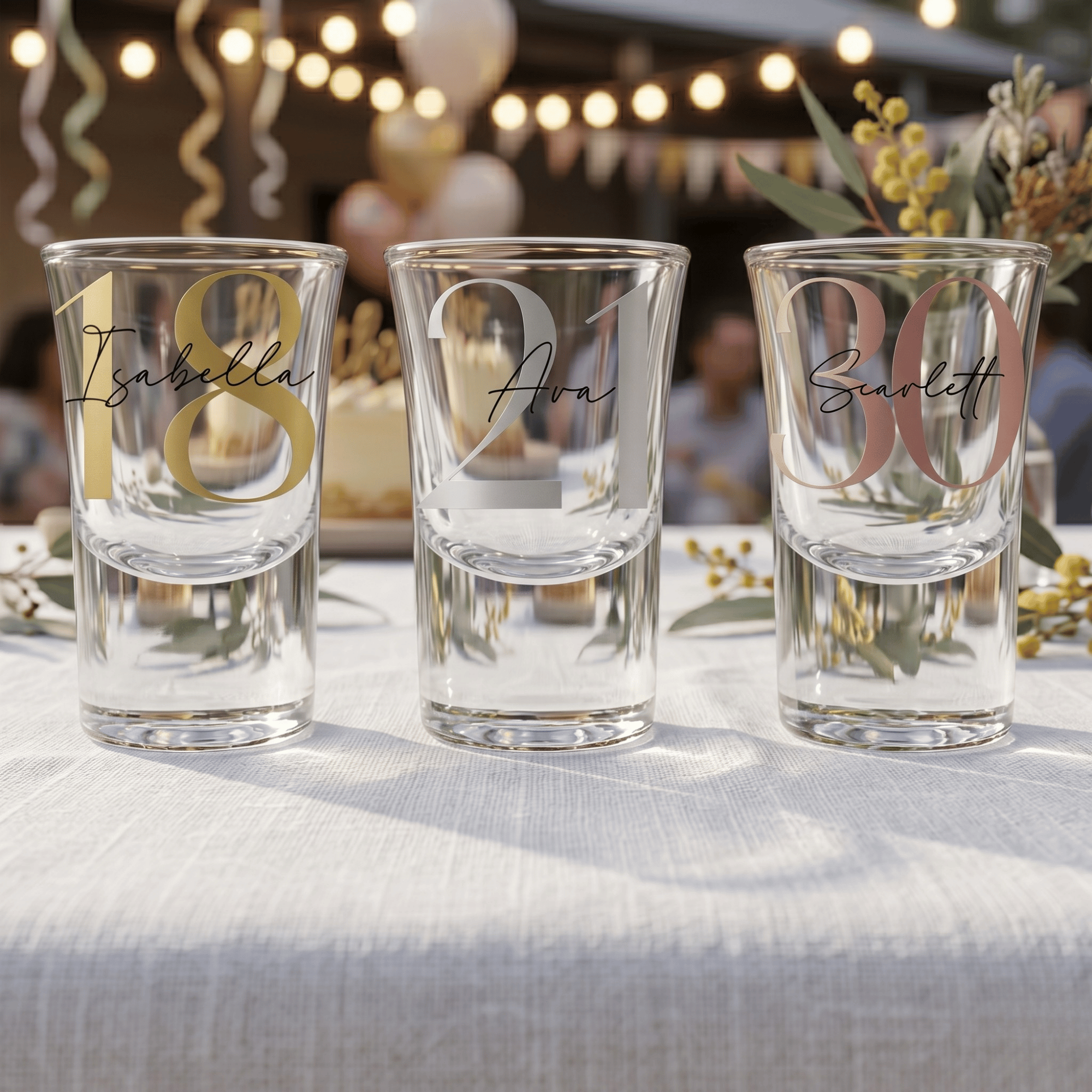 Three shot glasses with personalized numbers on a table with a festive background.