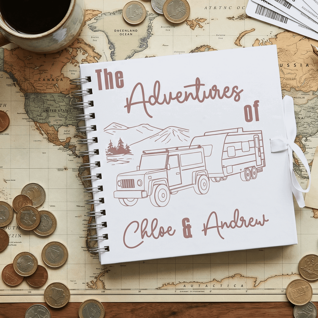 Album titled 'The Adventures of Chloe & Andrew' on a world map with coins around